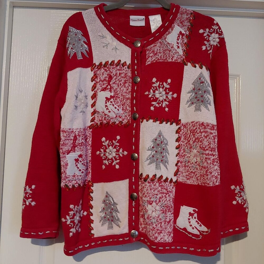 Bobbie Brooks Red Holiday Festive Cottage Cabin Core Button Cardigan L Patch